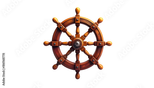 A detailed, wooden ship's wheel against a stark black backdrop