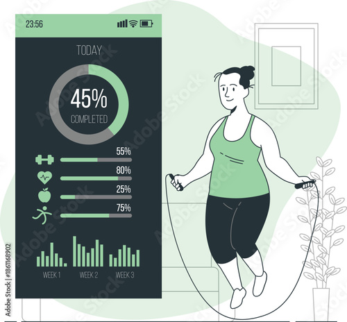 Woman exercising with a jump rope in a room with a fitness tracking app on screen displaying progress percentages and statistics