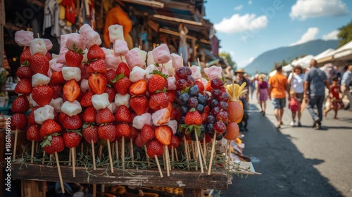 Colorful fruit skewers at market stall