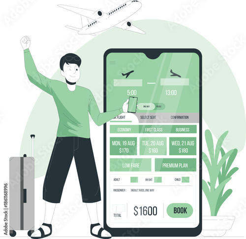 Man booking travel on mobile phone with luggage standing nearby