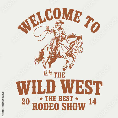 Vintage rodeo cowboy graphic design featuring a cowboy on horseback with lasso, perfect for western-themed events and rodeo promotions