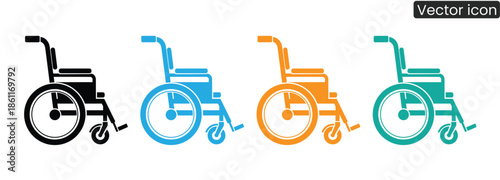 A set of colorful wheelchair icons in black, blue, orange, and green, symbolizing accessibility and mobility aid
