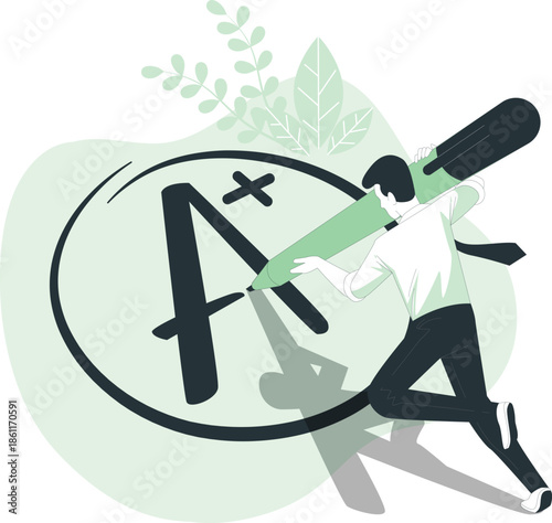 A person running with a large pencil marking an A grade on a report card