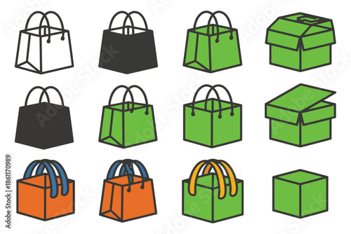 sustainable packaging logos, set logo of sustainable shipping and packaging methods with reusable insulated cooler bags, emblematic vector style symbols for environmental awareness, Eco commerce.