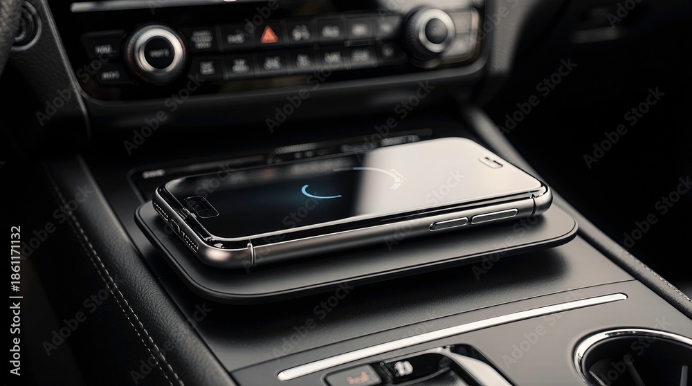 Fototapeta premium A modern smartphone lying horizontally on a sleek wireless charging pad in a car.
