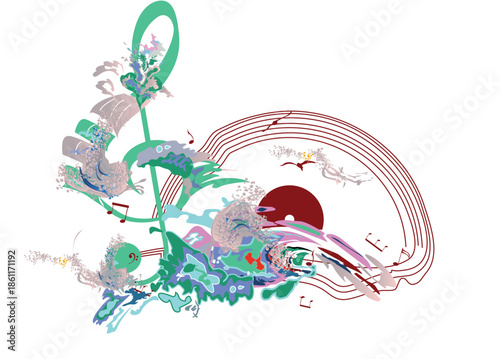 Abstract treble clef decorated with Sun, notes, birds, ocean waves. Hand drawn musical vector illustration.