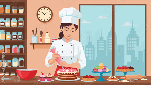 Baking vector illustration of a chef decorating a cake with a piping bag in a kitchen scene with pastries