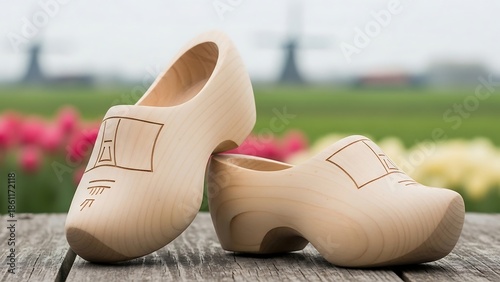 Traditional Dutch wooden shoes on table.