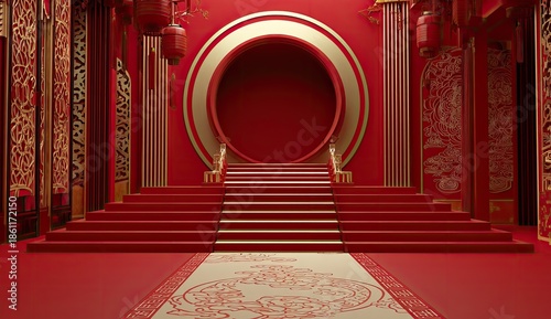 Fototapeta Ornate interior featuring a grand red stairway leading to a large golden circular opening