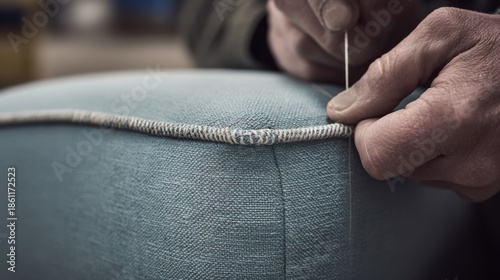 Medium shot showing a craftsman fitting solid color fabric on a classic ottoman frame focusing on precise stitching and fabric tension.