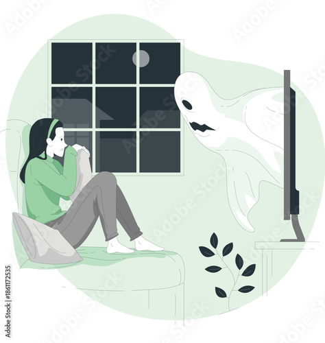 Woman startled by ghostly apparition in a dimly lit living room scene