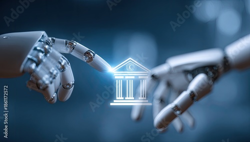 Robot arms interact, symbolizing technological impact on finance. Bank icon glows between metallic hands