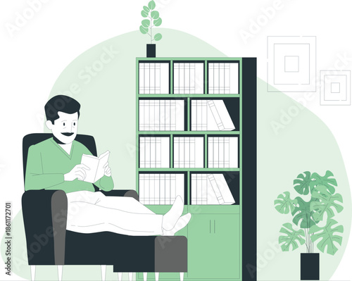 Man relaxing on a chair reading a book in a serene environment with plants nearby