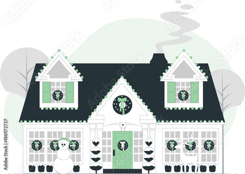 Illustration of a house with green accents and a clock on the facade viewed from the front