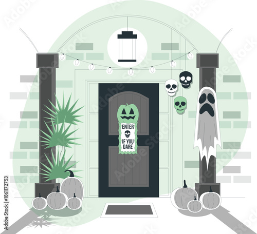 A spooky entrance door decorated for Halloween with ghostly figures and pumpkin decorations.