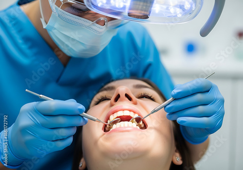 Woman receiving dental checkup from dentist wearing mask and gloves in a bright examination room