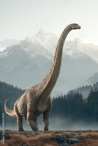 Glacialisaurus roams in a prehistoric landscape with mountains and forests