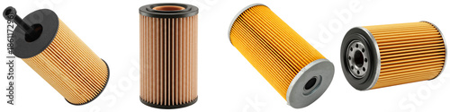 set of new automotive oil filters, crucial for engine protection and performance, isolated on a clean transparent background. studio shot.