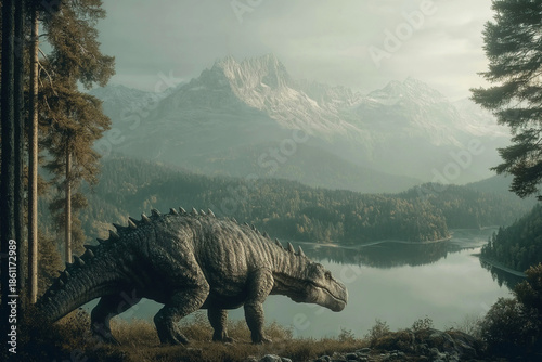 Majungasaurus explores a primeval landscape with lakes forests and mountains in the background