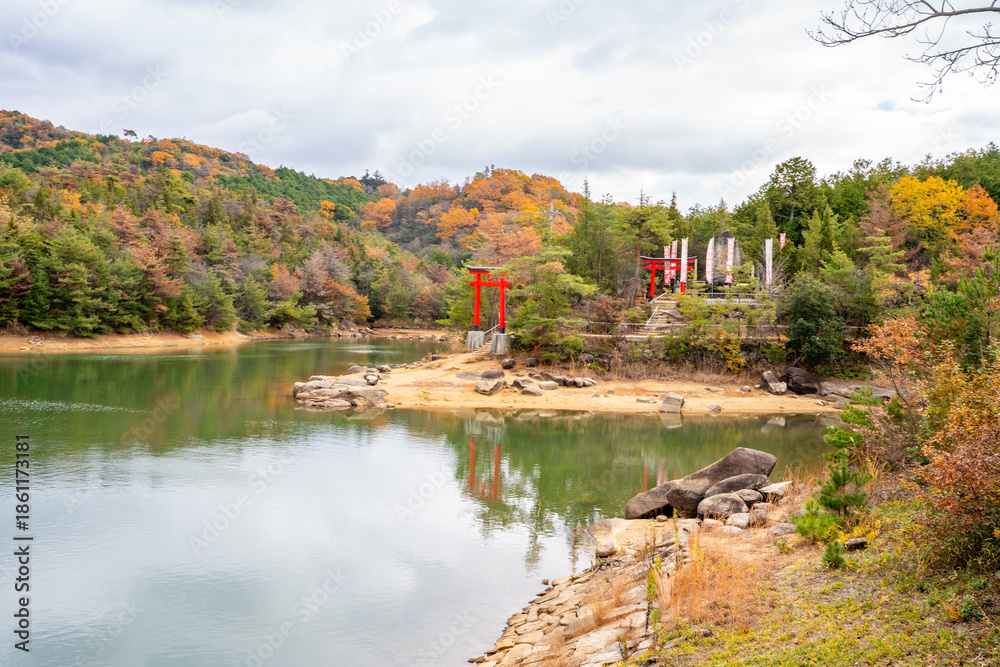 Fototapeta premium 八大龍王、岡山市、鳥居、パワースポット、風景、歴史、名所、神社、観光地、日本、観光、神社仏閣、参道、自然、境内、観光名所、岡山県、岡山、参拝、龍王池、池
