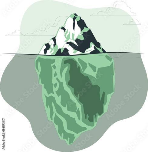 An iceberg floats serenely in the ocean, its submerged structure visible beneath the water's surface from an aerial viewpoint.