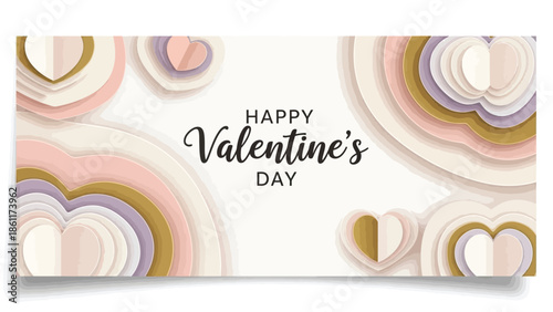 Valentine's Day greeting card with colorful heart designs on a white background.