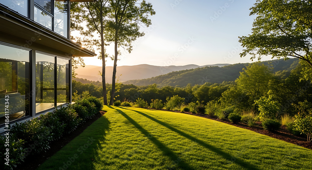 Obraz premium House with large windows overlooking a green lawn and distant mountains at sunset or sunrise view