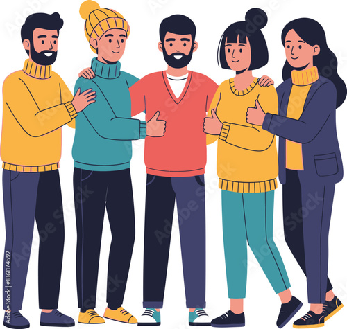 Vibrant illustration of five diverse smiling individuals, symbolizing unity, collaboration, friendship, and strong community bonds with positive gestures and cheerful interaction