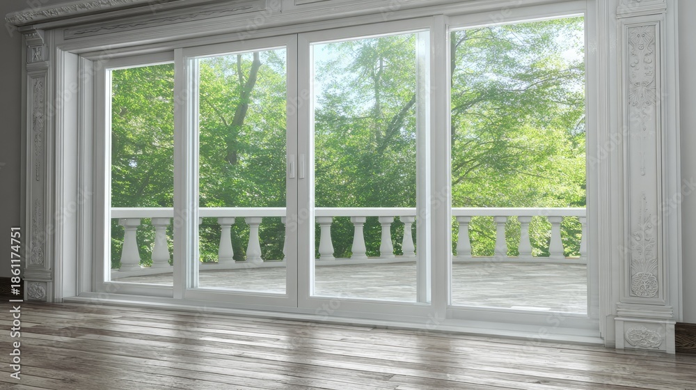 Fototapeta premium Elegant sliding glass doors open to a sunny balcony with lush trees.