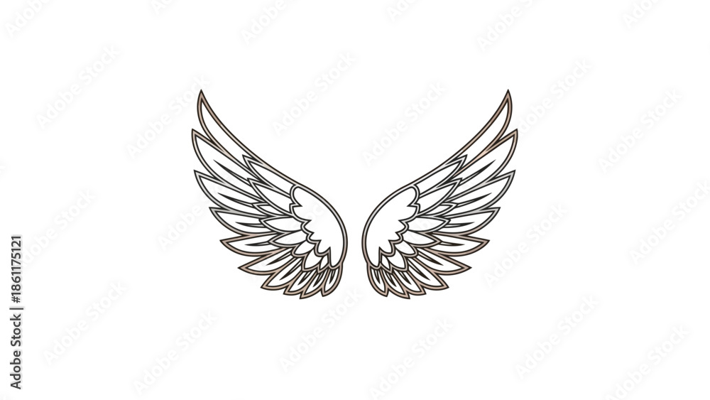 Fototapeta premium A pair of gray wings with detailed feathers spread wide on a white background in a graphic illustration.