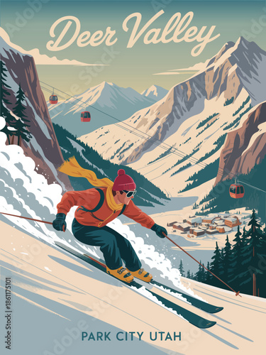 Travel Poster of Deer Valley Resort, USA Winter Landscape Ski Illustration for Retro Tourism and Holiday Travel Card Design