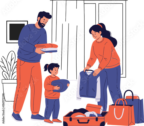 Family packing suitcase together for vacation, mom, dad, and daughter folding clothes and placing them into luggage