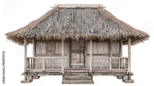 Traditional Wooden Village Hut with Thatched Roof, Rustic Vector Illustration
