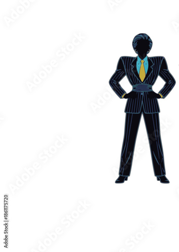 Structured 80s Glam Silhouette of Person in Power Suit for Retro Authority and Vintage Business Fashion 2026 Trend Concept Vector Illustration