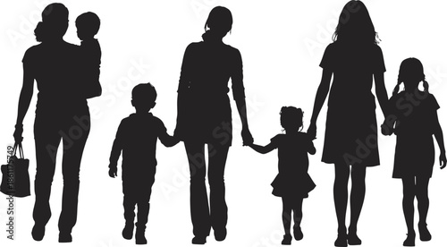 Family silhouettes walking together, mothers and children holding hands, parenthood, care, love, unity, childhood, parenting, togetherness, family bond