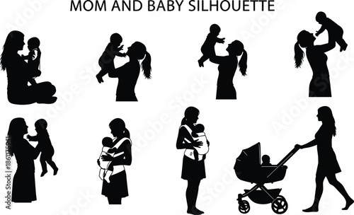 Mom and baby silhouettes collection, motherhood moments, parenting love, maternal care, bonding, childcare activities, stroller walk, family life, isolated background