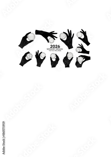 Texture Check Silhouette of Hand Touching Glassy Sphere for Sensory Design and Tactile Wellness 2026 Visual Trend Concept Vector