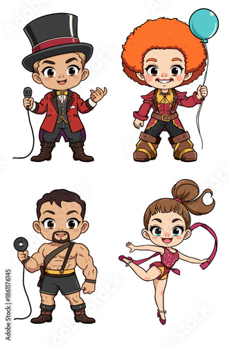 Cute Circus Performers Ringmaster Strongman Acrobat Clown Icon Set.