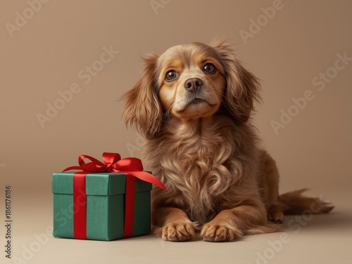 Curious puppy beside gift box