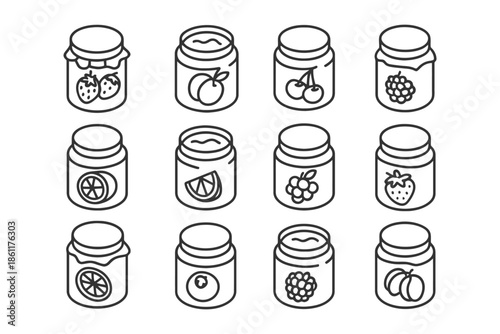 Set of hand-drawn jars with various fruit labels in black and white line art.