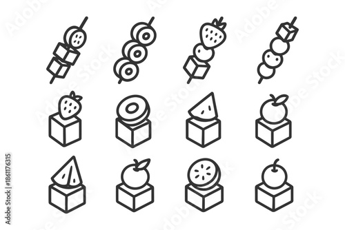 Fruit and skewer icons collection: minimalistic line art designs.