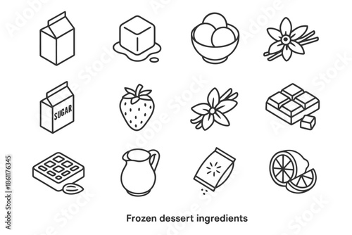 Frozen dessert ingredients: sugar, ice, fruit, vanilla, dairy, citrus, gelato, flavoring.