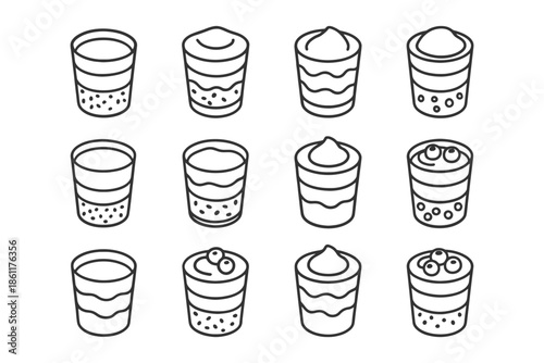 Various bubble tea cups with toppings line art illustration.
