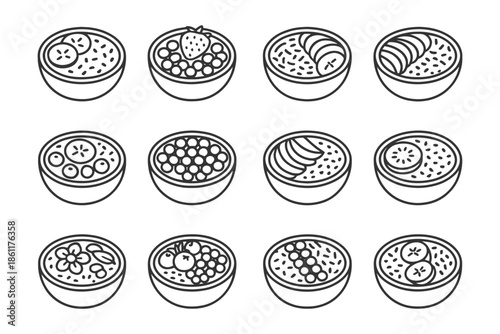 Twelve bowl varieties: bananas, berries, kiwi, and seeds - minimalist line art.