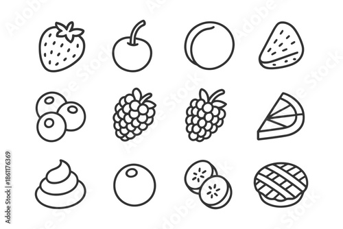 Variety of fruit icons: strawberry, cherry, peach, watermelon, lemon, kiwi, blackberry, blueberry.