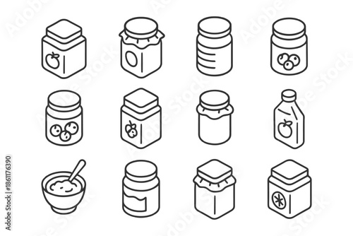 Outlined jars and containers with jam and sauce line icons collection.