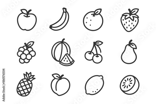 Fruit icon set: simple outline drawings of apple, banana, orange, strawberry, and more.