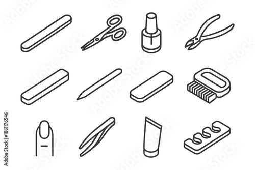 Essential manicure tools: nail file, scissors, polish, clippers, brush, and more.