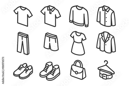 Outline icons of clothing and accessories including shirt, pants, and shoes.