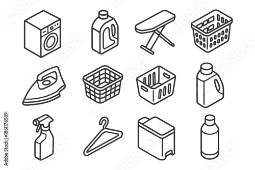 Household laundry icon set: washer, detergent, ironing board, baskets.